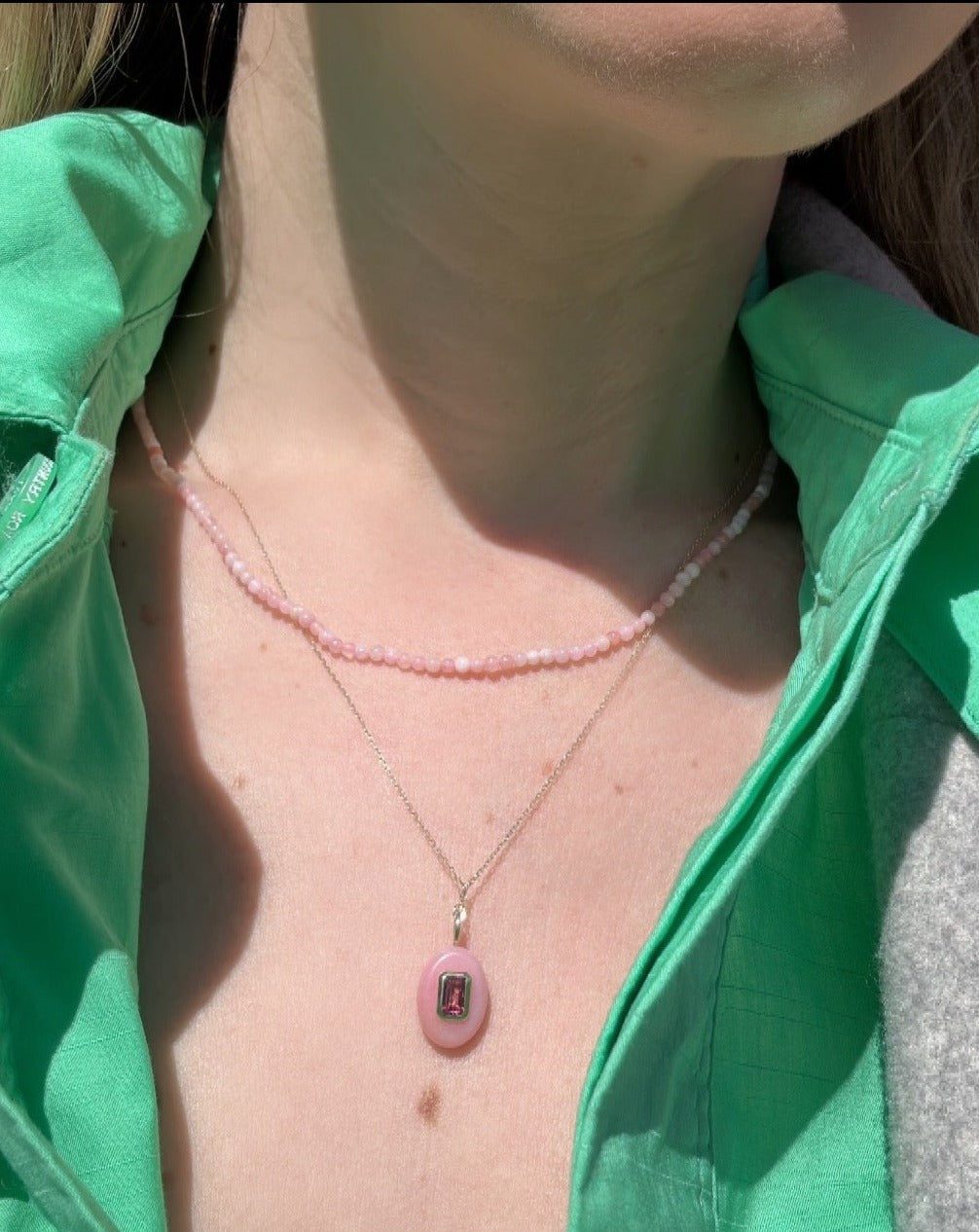 9kt gold Stacked Pink Tourmaline Pendant