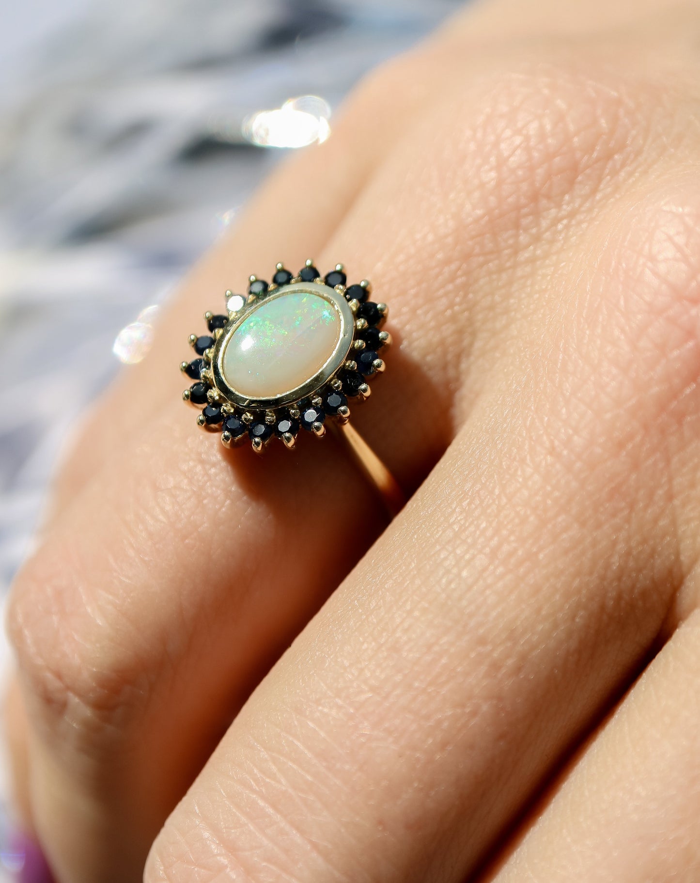 9ct white gold opal and sapphire statement ring