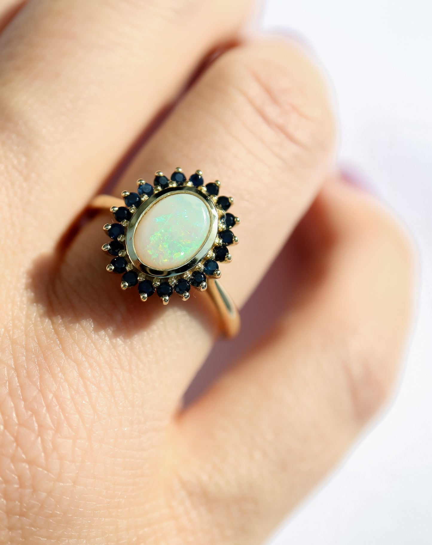 9ct white gold opal and sapphire statement ring
