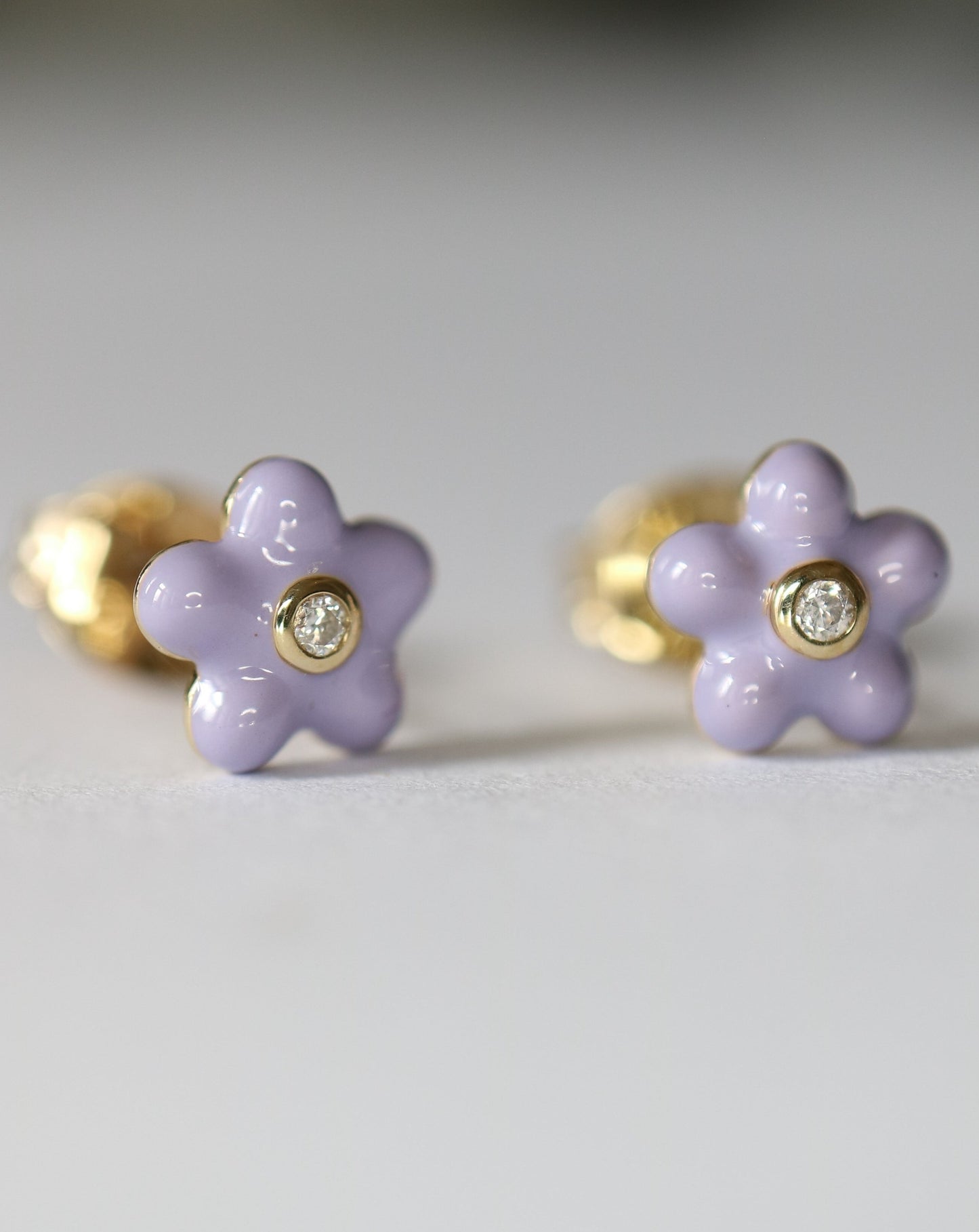 9ct gold, lavender enamel and natural diamond flower stud earrings