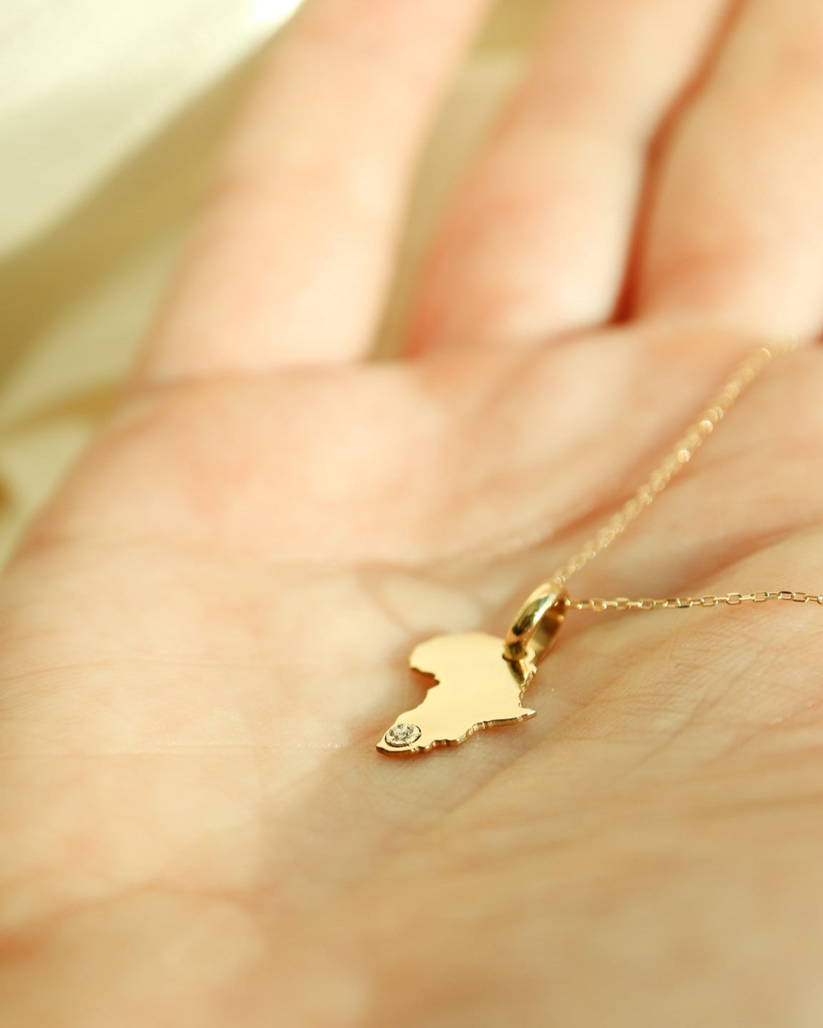 Gold necklace with a heart-shaped pendant on a hand against a blurred background