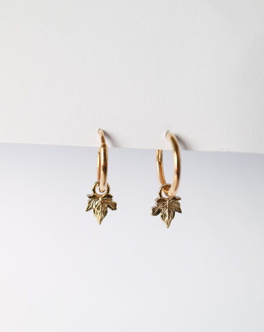 9ct gold Huggie Earrings with vine leaf charms