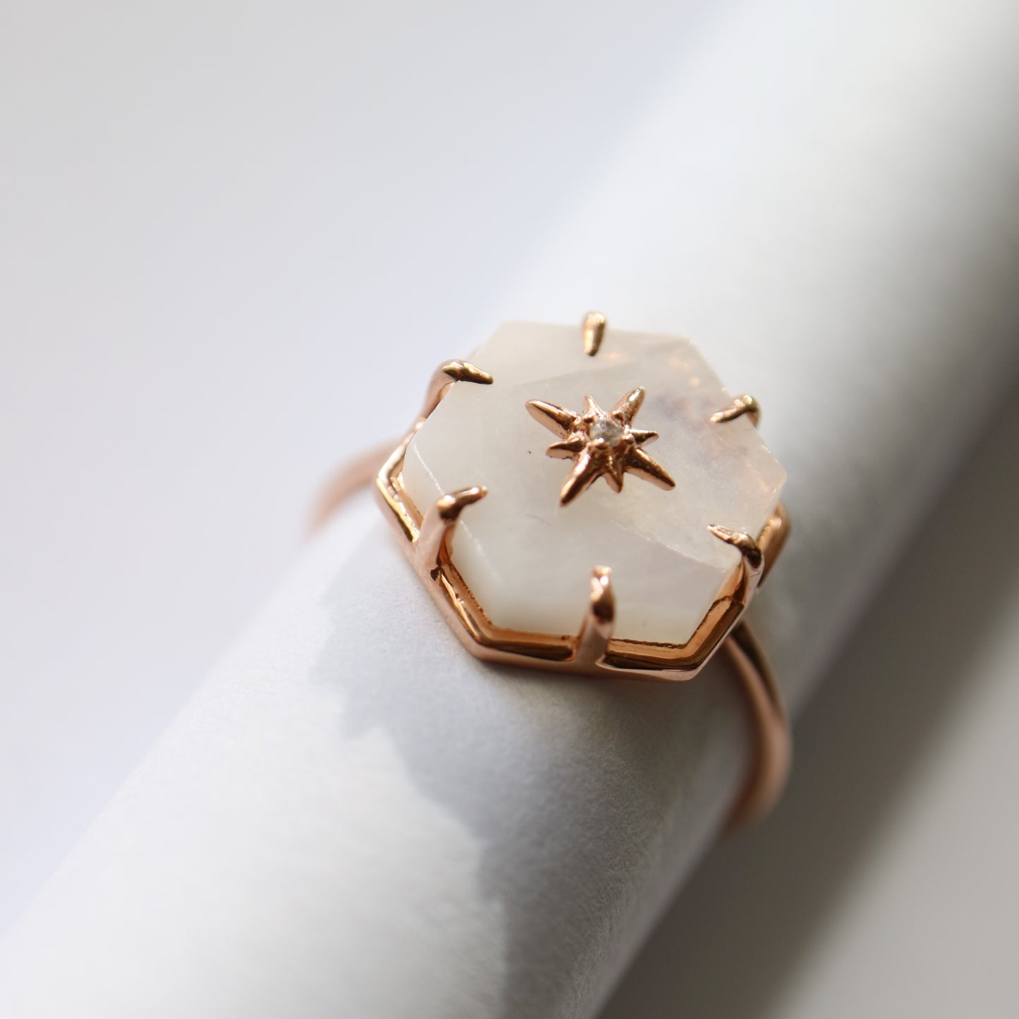 Rose gold star studded rainbow moonstone ring by La Kaiser Jewellery