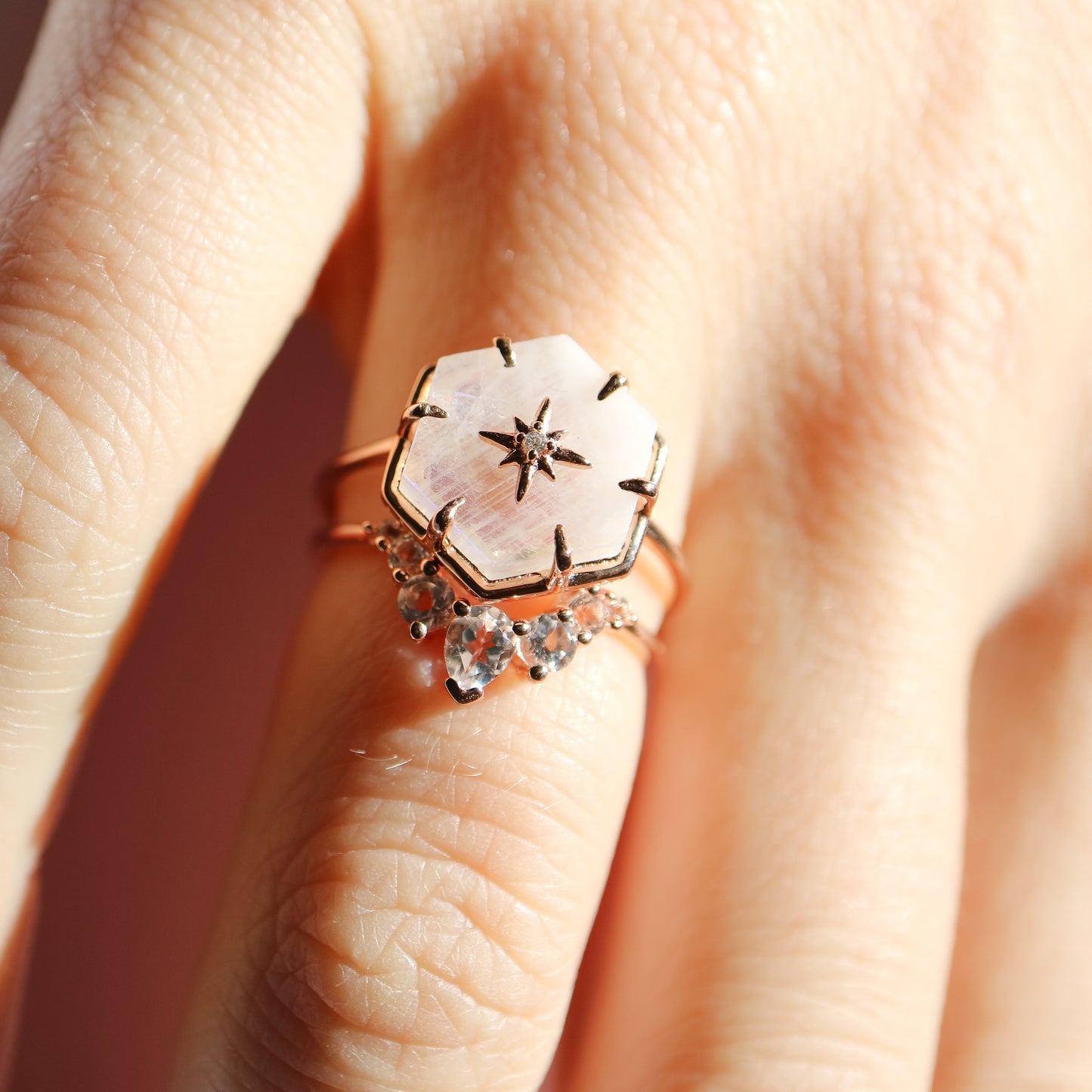 Rose gold star studded rainbow moonstone ring by La Kaiser Jewellery