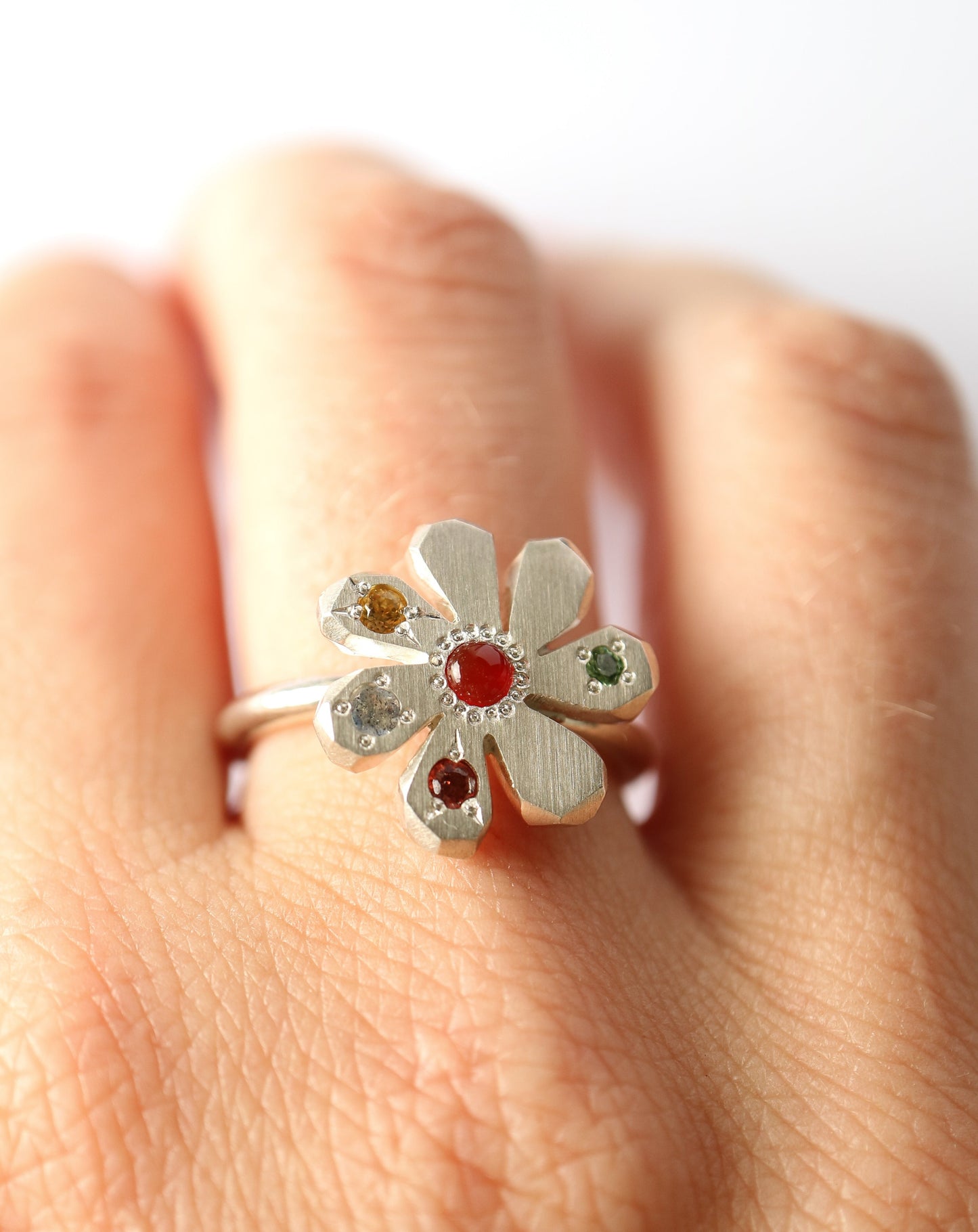 Zadie Remarco Stargazer Flower Ring in sterling silver with multicoloured gemstones