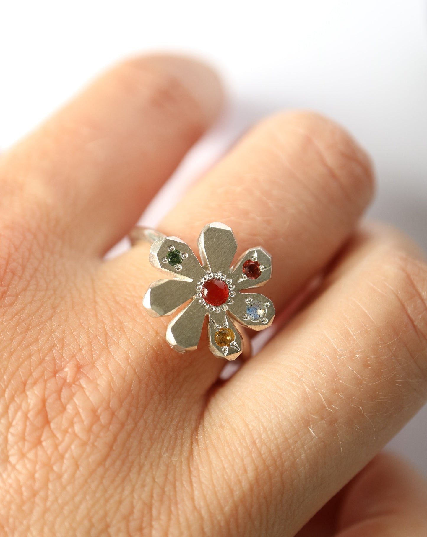 Zadie Remarco Stargazer Flower Ring in sterling silver with multicoloured gemstones