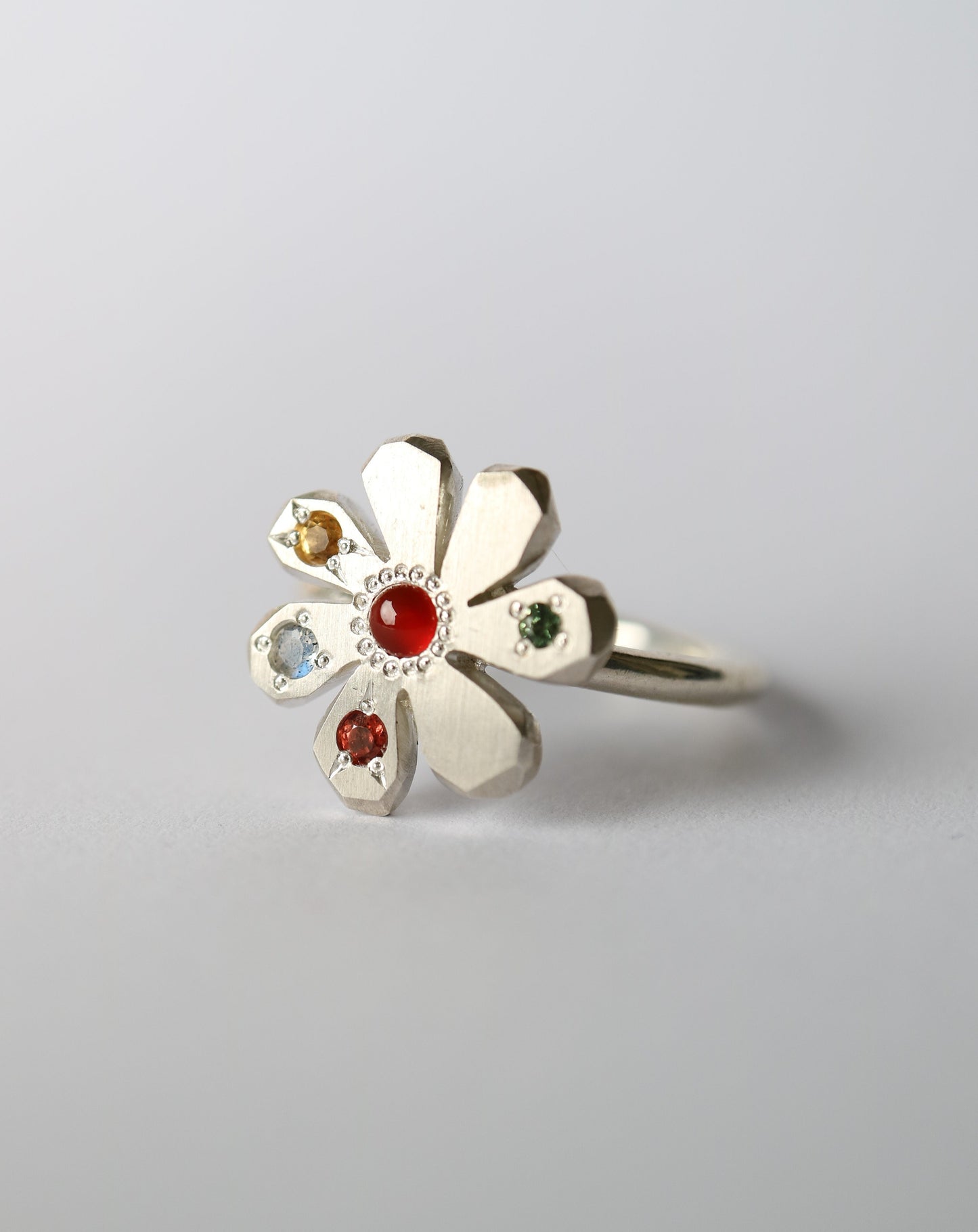 Zadie Remarco Stargazer Flower Ring in sterling silver with multicoloured gemstones