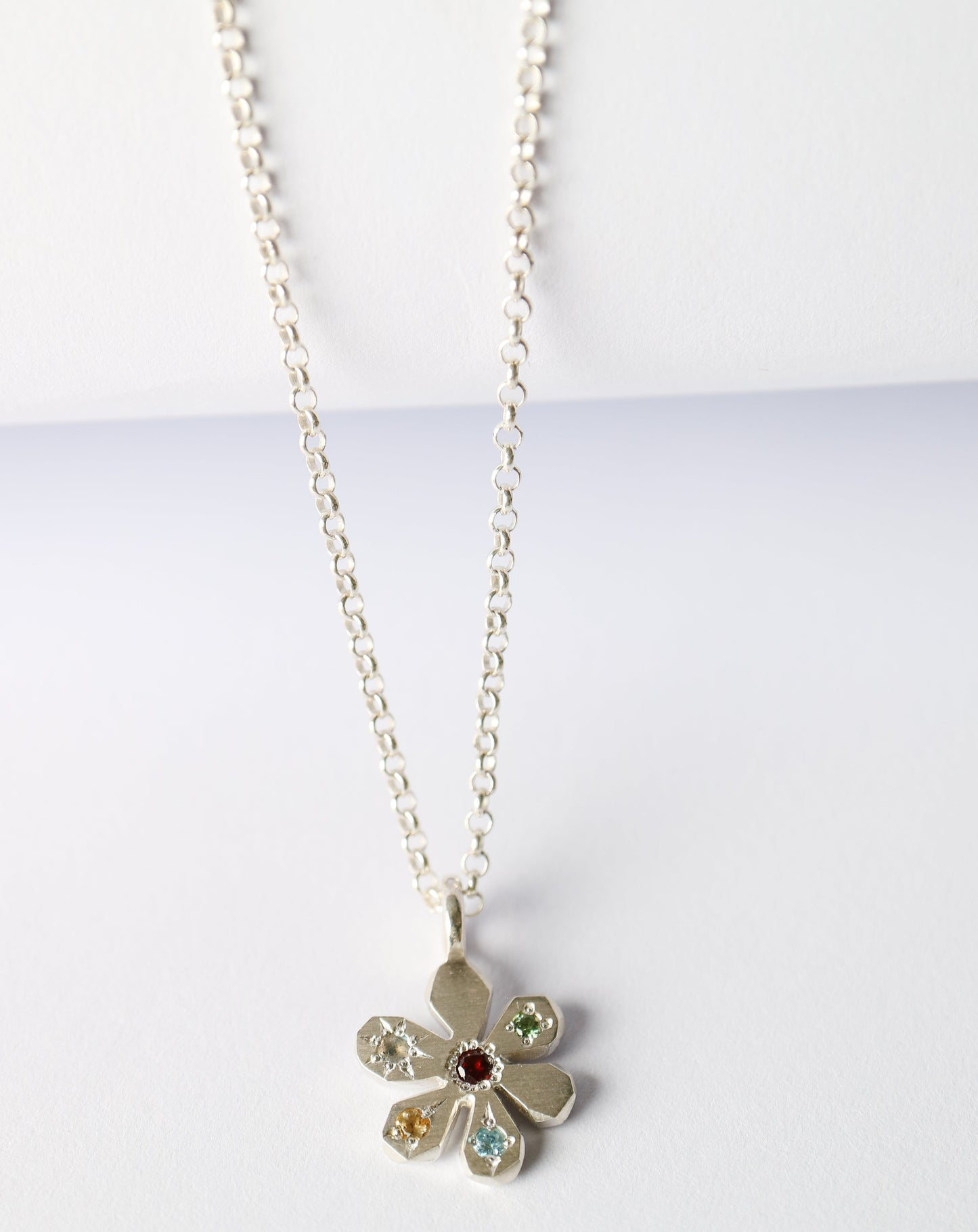Zadie Remarco Stargazer Flower Pendant in sterling silver with silver chain and coloured gemstones