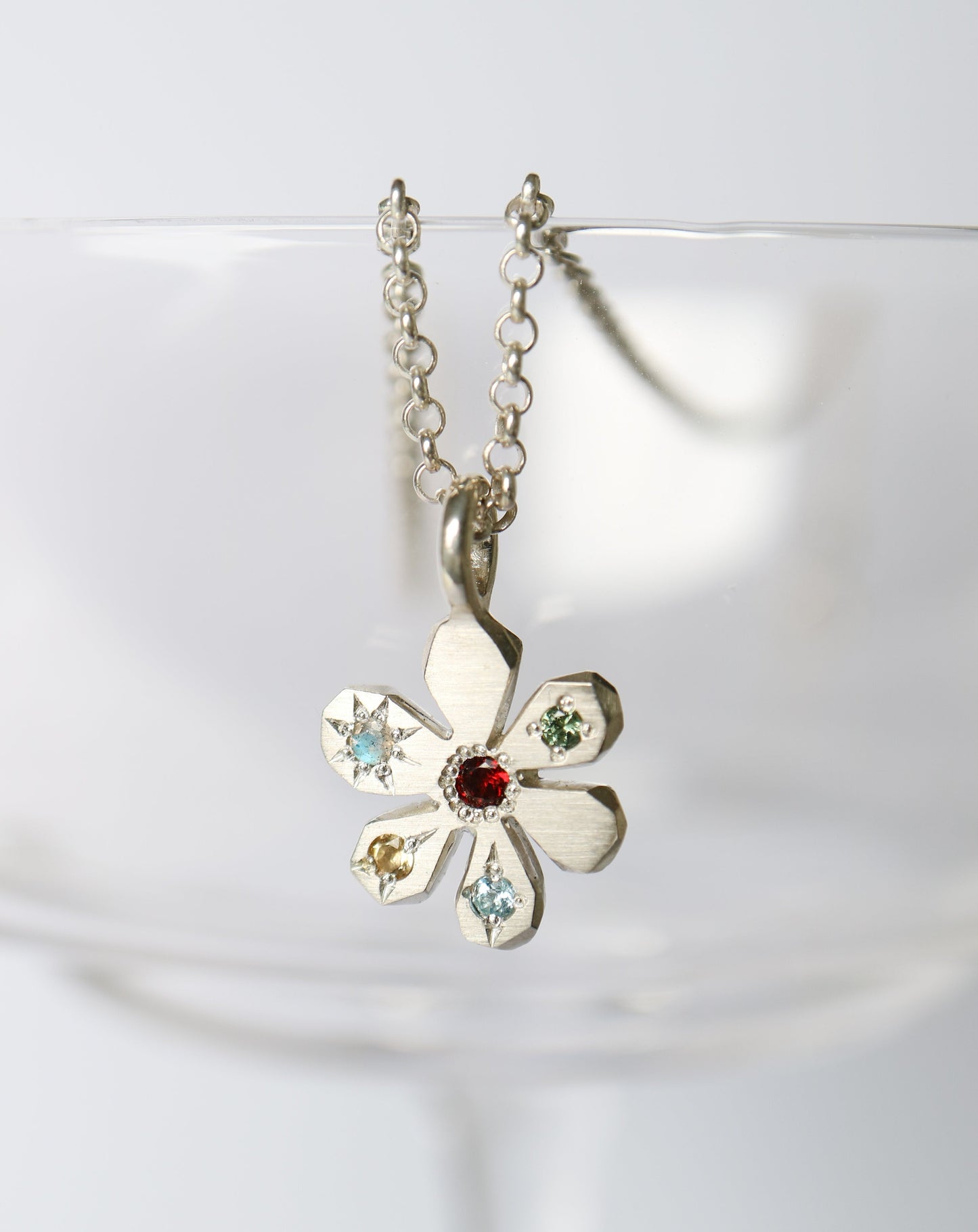 Zadie Remarco Stargazer Flower Pendant in sterling silver with silver chain and coloured gemstones