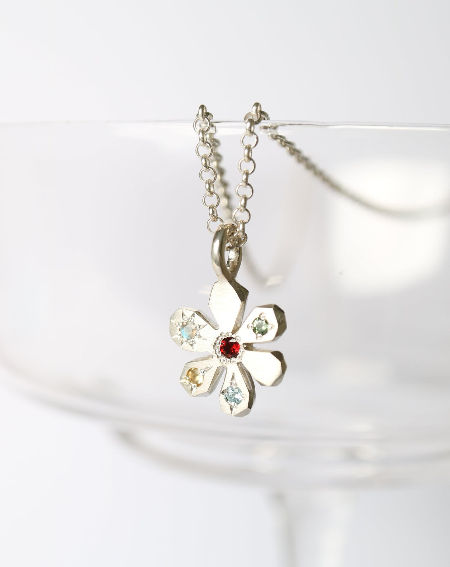 Zadie Remarco Stargazer Flower Pendant in sterling silver with silver chain and coloured gemstones