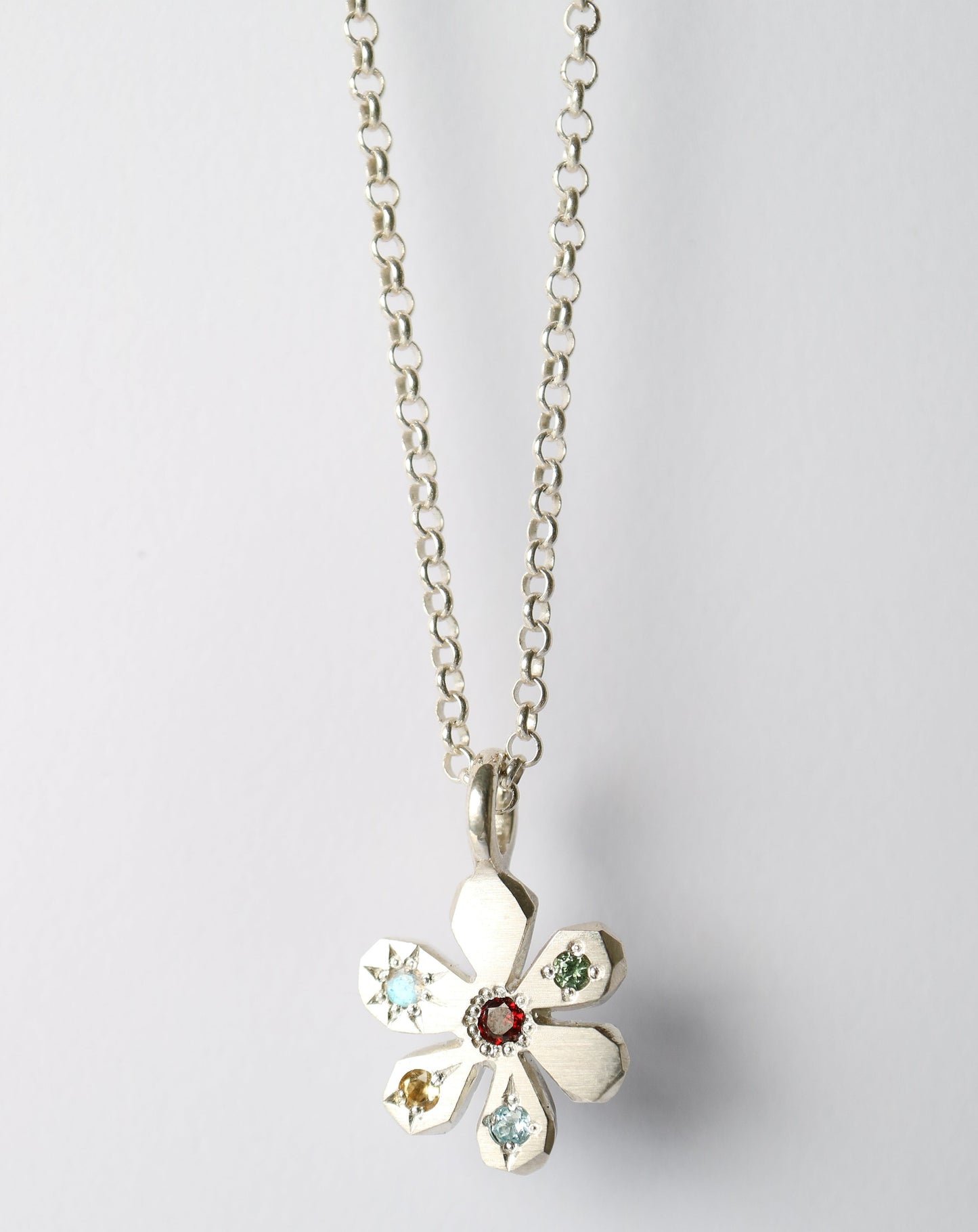 Zadie Remarco Stargazer Flower Pendant in sterling silver with silver chain and coloured gemstones