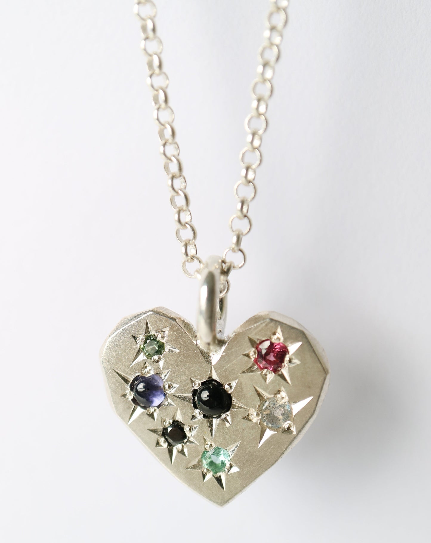 Zadie Remarco Stargazer Large Heart Pendant in sterling silver on silver chain with multicoloured natural gemstones
