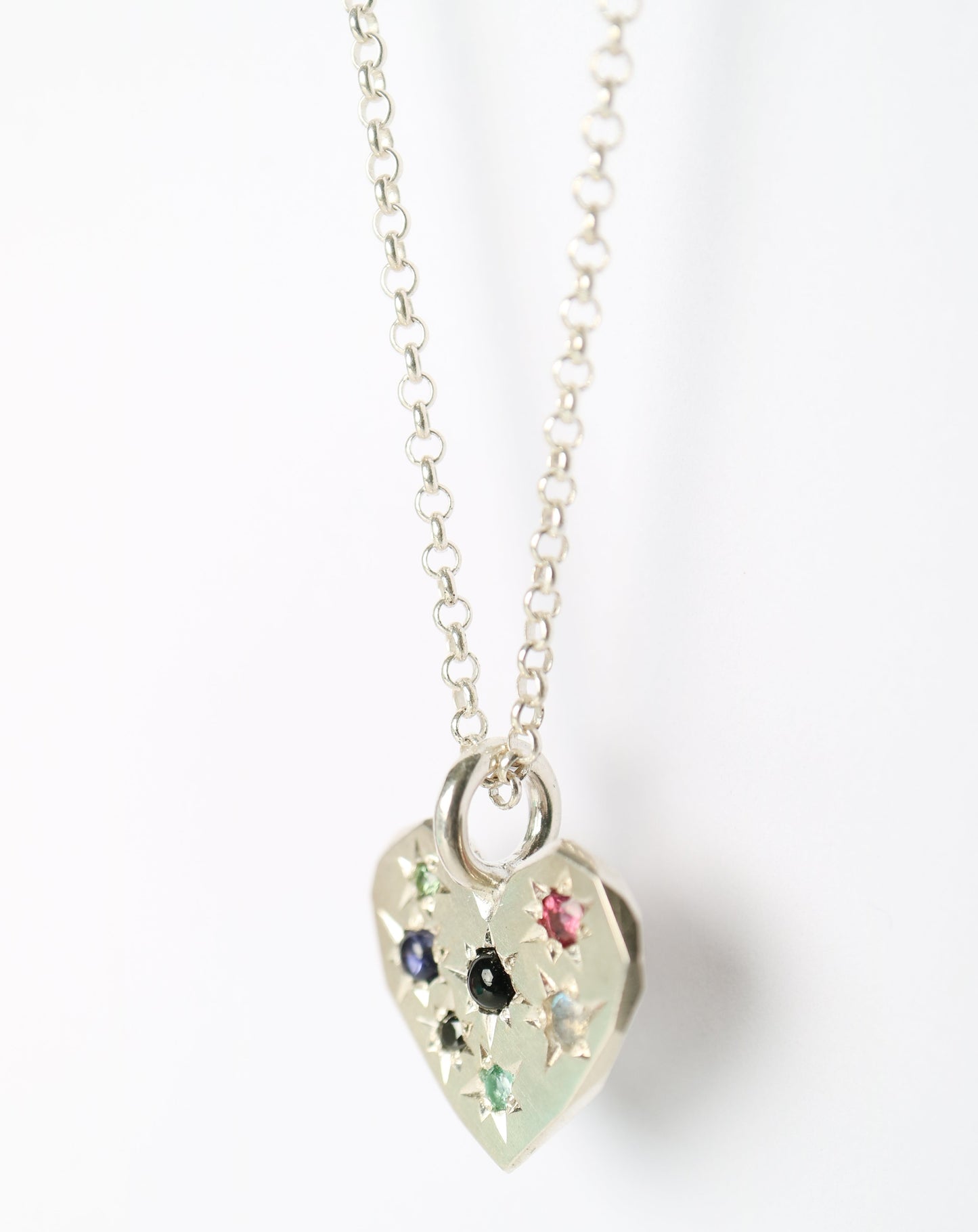 Zadie Remarco Stargazer Large Heart Pendant in sterling silver on silver chain with multicoloured natural gemstones