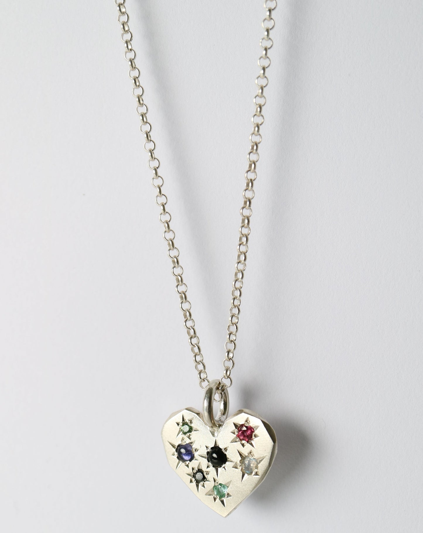 Zadie Remarco Stargazer Large Heart Pendant in sterling silver on silver chain with multicoloured natural gemstones