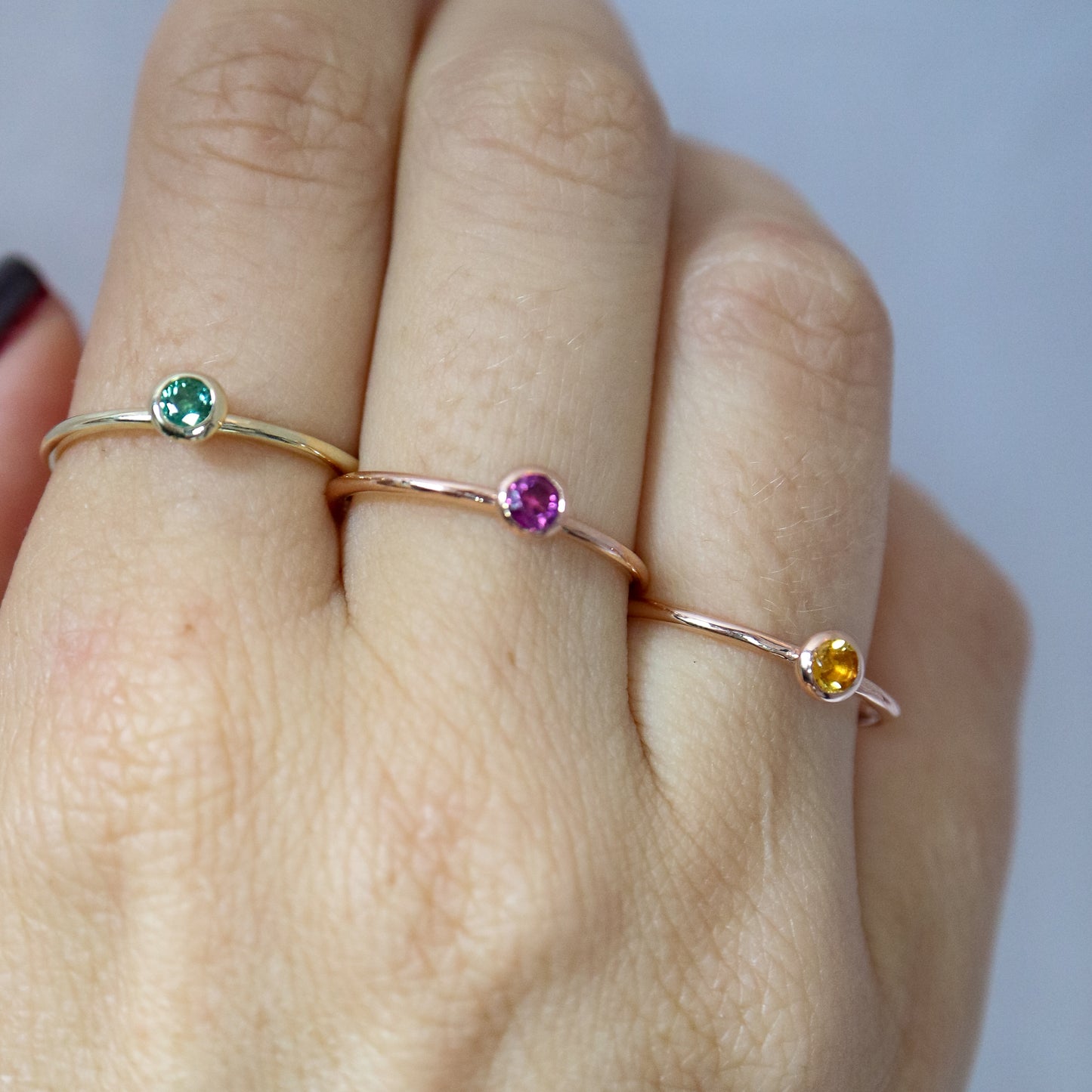 9ct stacking rings with colourful gems