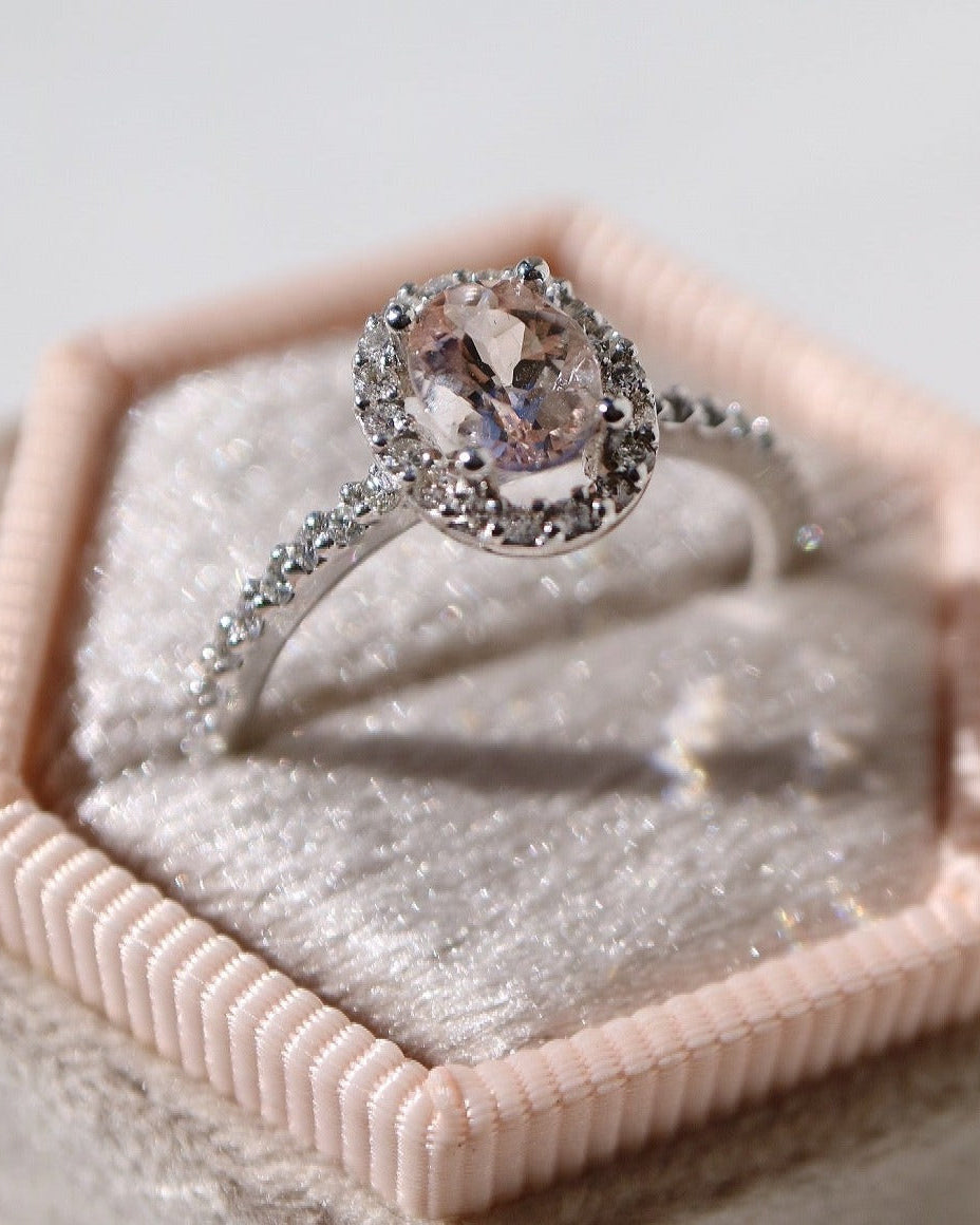 9kt white gold, morganite and diamond halo engagement ring