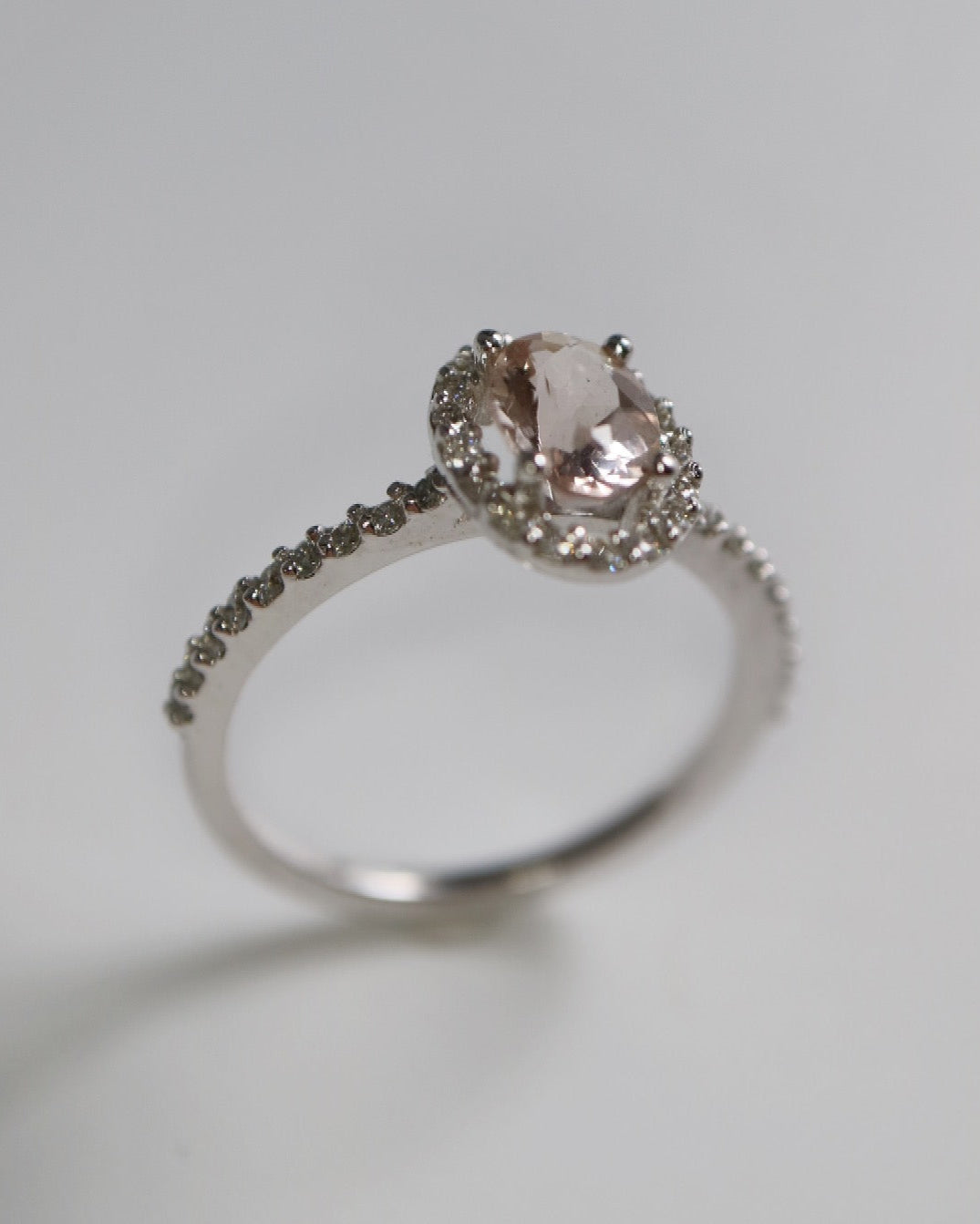 9ct white gold Morganite and Diamond Engagement Ring with halo