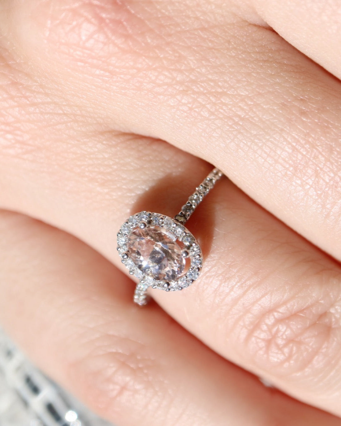 9ct white gold, morganite and diamond halo engagement ring