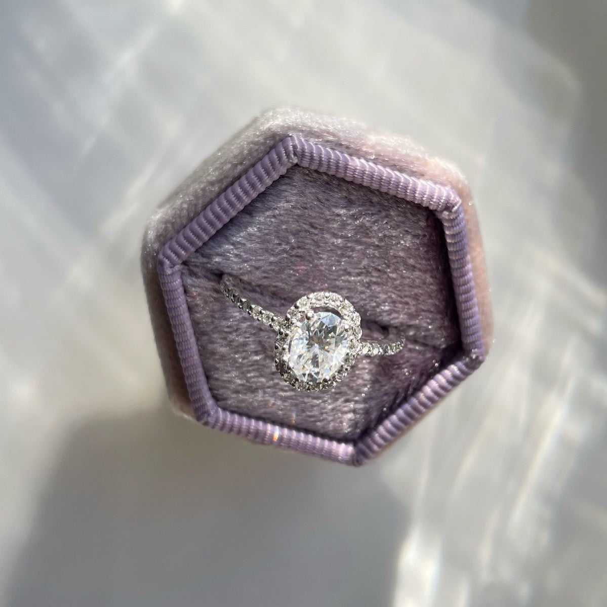 9ct white gold moissanite halo engagement ring