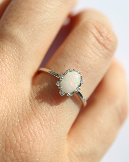 9kt White Gold Opal and Diamond Flower Ring