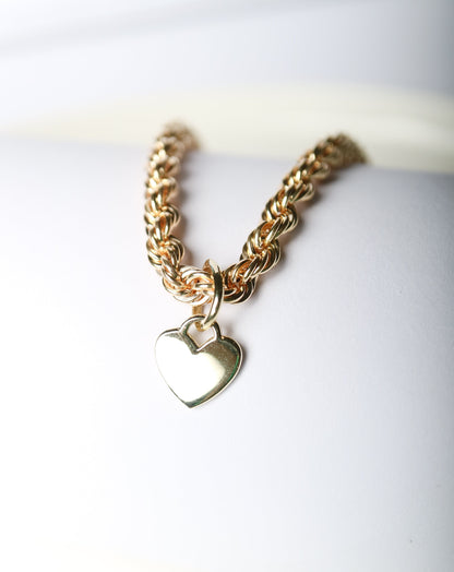 9ct gold chunky rope bracelet with heart charm