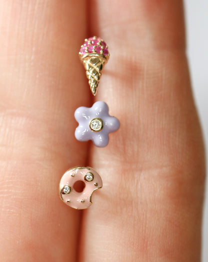 9ct gold, lavender enamel and natural diamond flower stud earrings