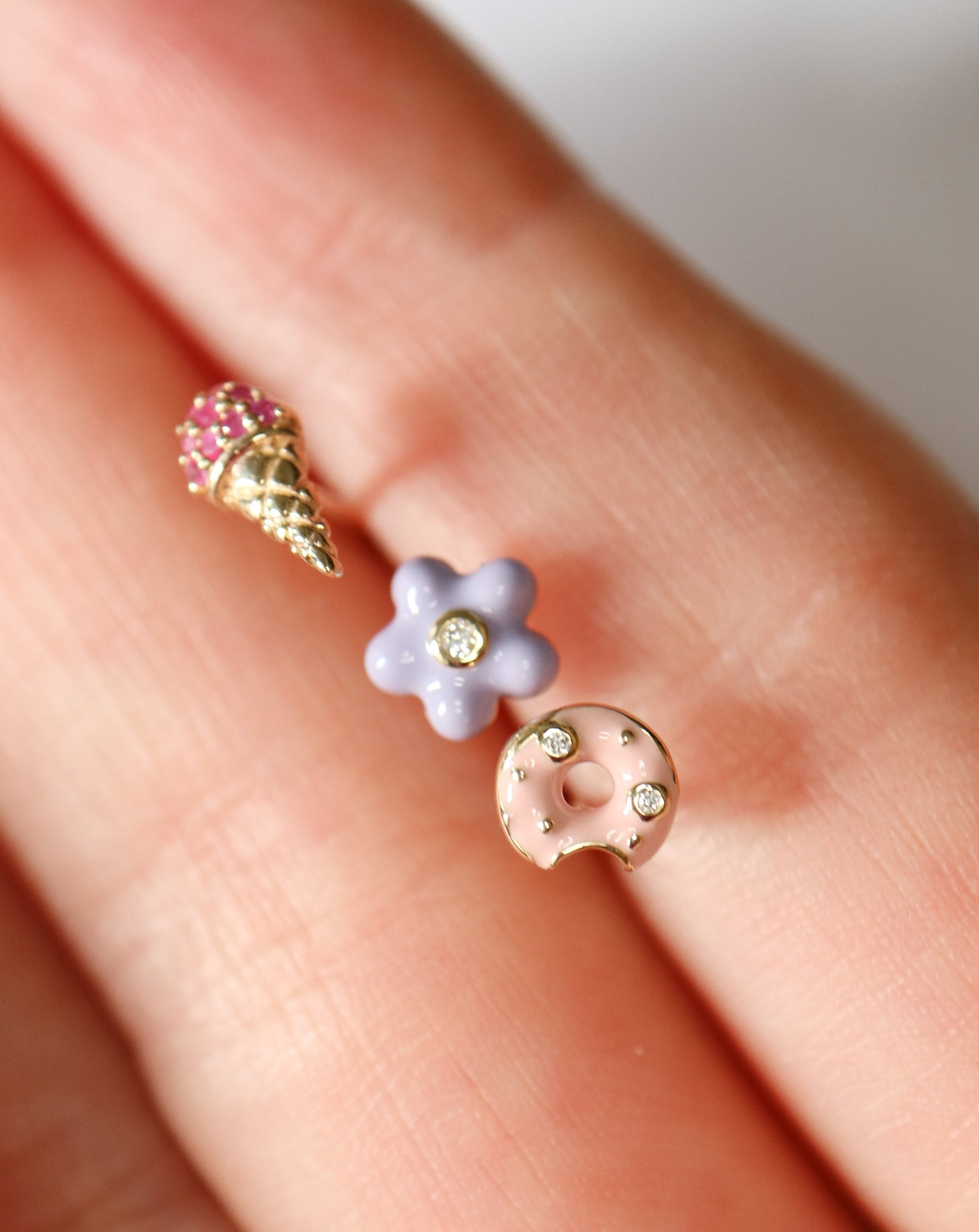 9kt gold and diamond enamel glazed donut stud earrings