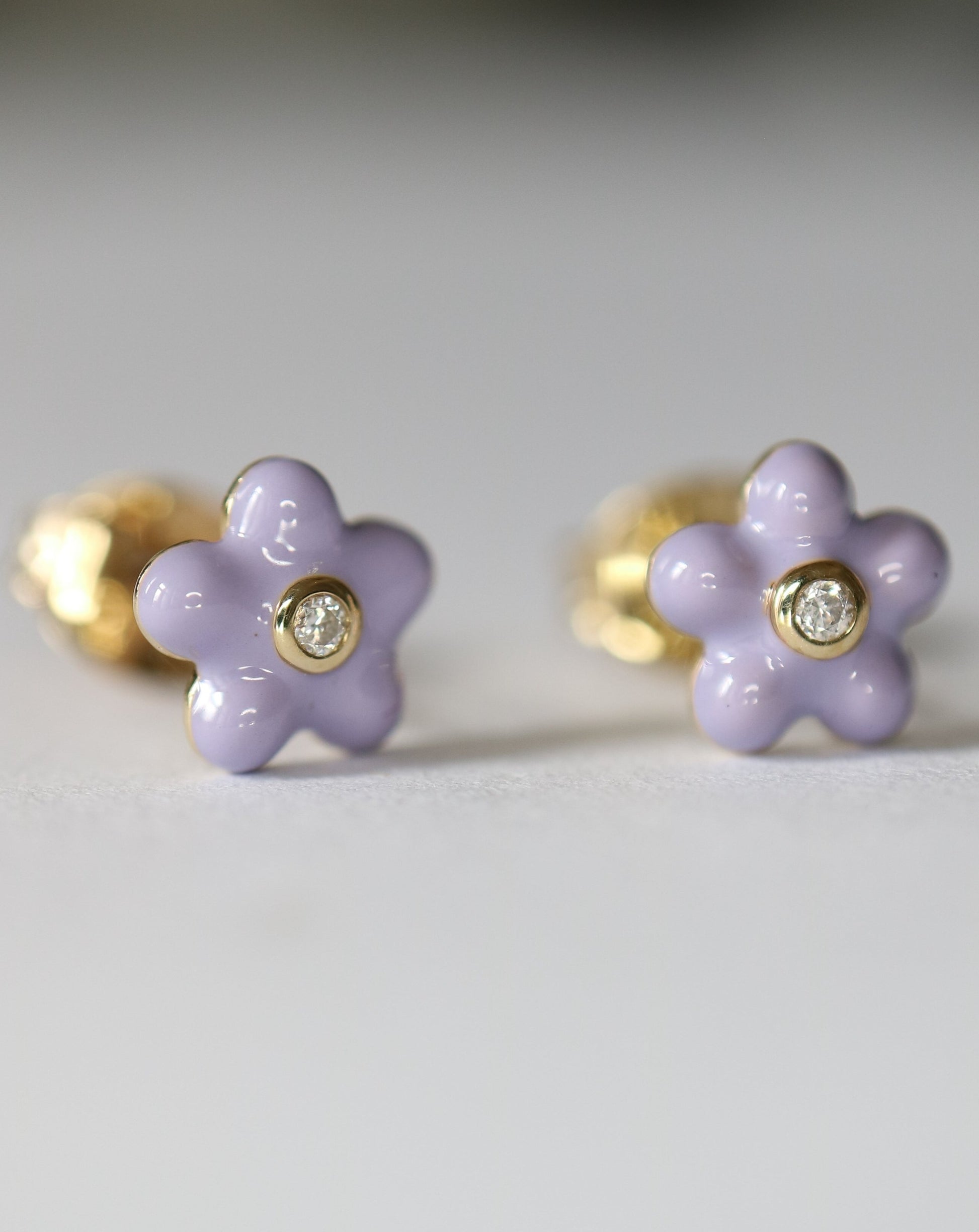 9ct gold, lavender enamel and natural diamond flower stud earrings