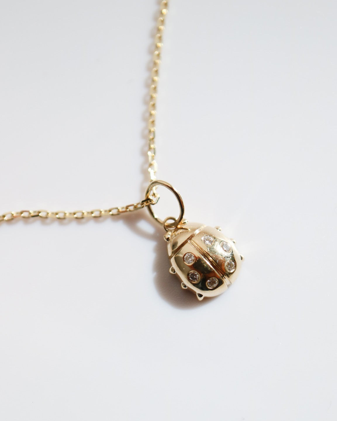 Gold necklace with a ladybug pendant on a white background