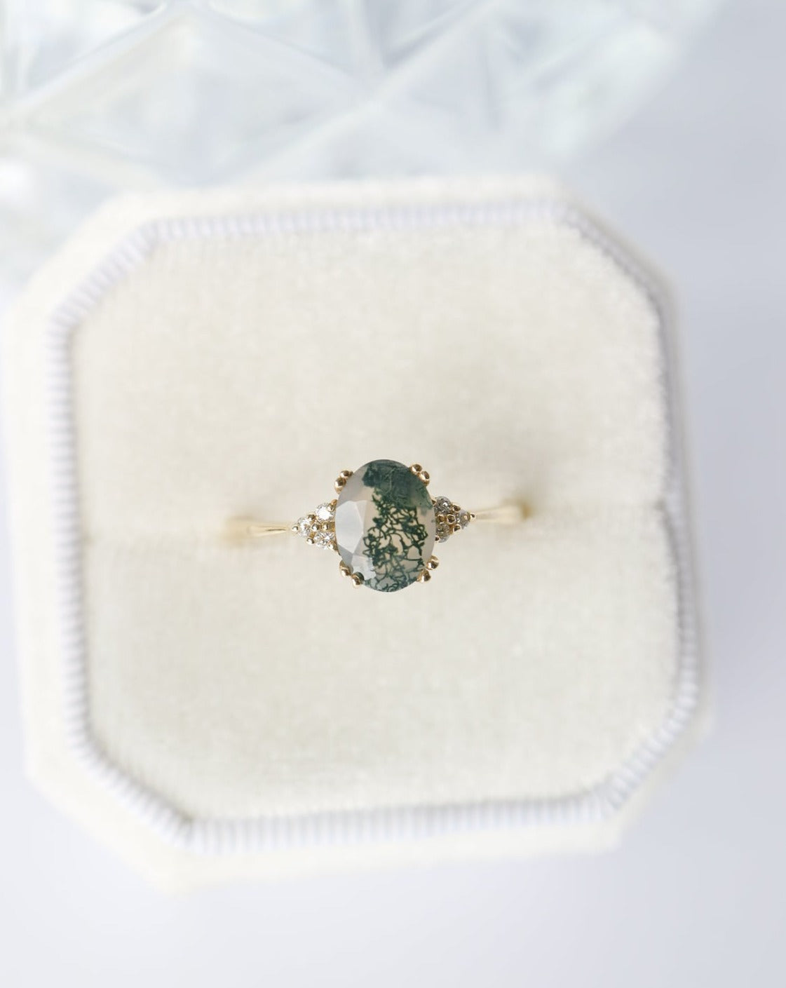 9kt gold ring with Moss Agate and Diamonds by Collective & Co Jewellery