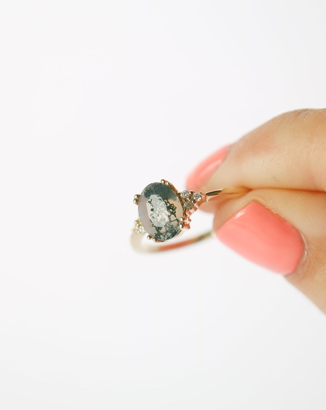 9kt gold ring with Moss Agate and Diamonds by Collective & Co Jewellery