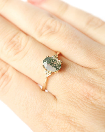 9kt gold ring with Moss Agate and Diamonds by Collective & Co Jewellery