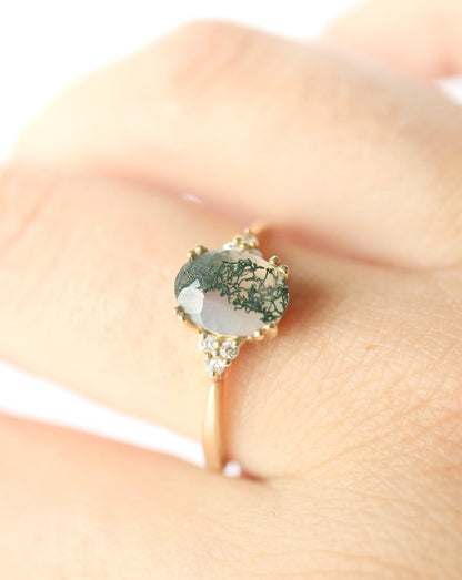 9kt gold ring with Moss Agate and Diamonds by Collective & Co Jewellery