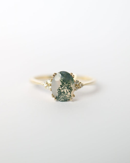 9kt gold ring with Moss Agate and Diamonds by Collective & Co Jewellery