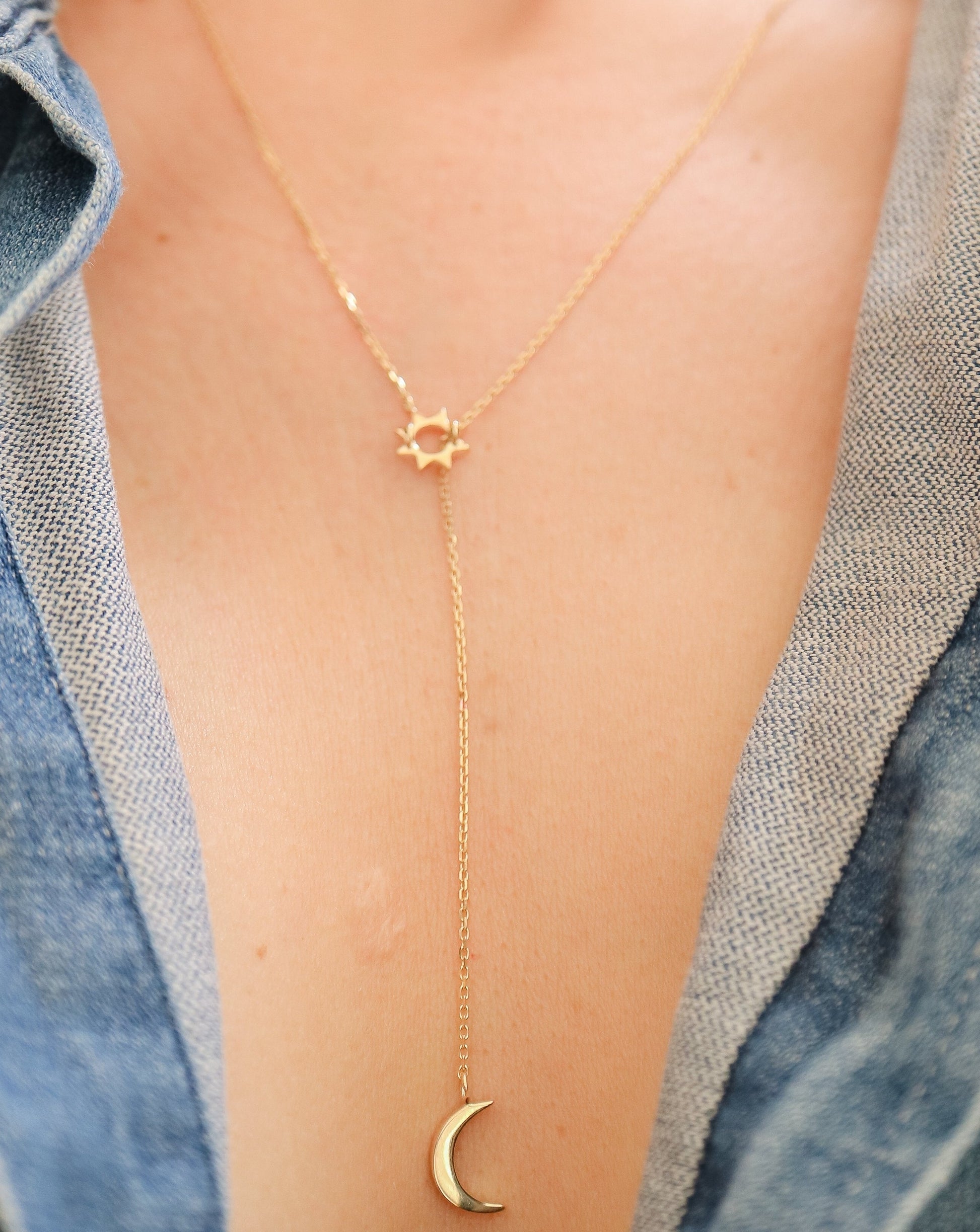 9kt gold Sun and Moon Lariat Necklace