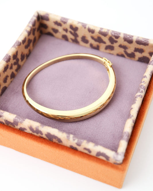 Gold bracelet on a leopard print and orange box