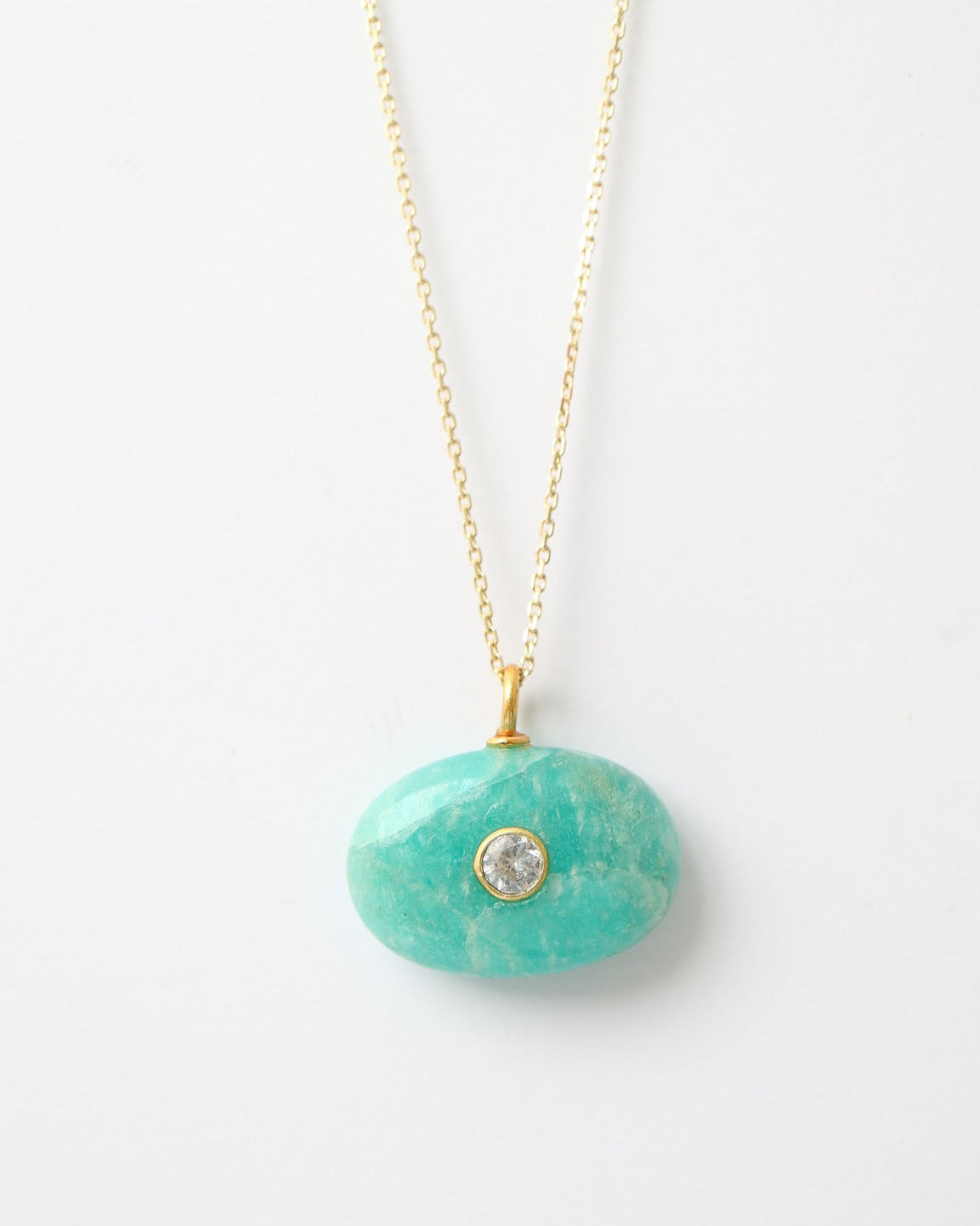 Amazonite Azure Charm featuring a polished oval amazonite gemstone with natural turquoise veining, a bezel-set cubic zirconia, and a gold plated sterling silver bail on a white background.