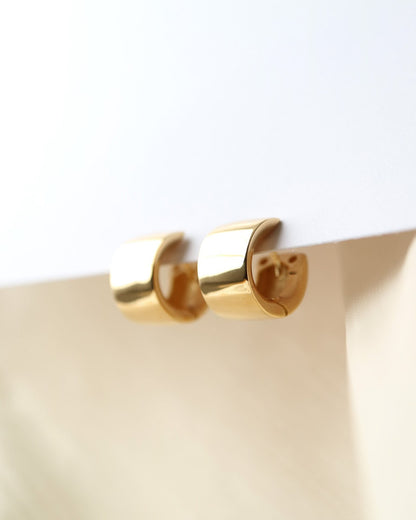 Gold hoop earrings on a light beige background