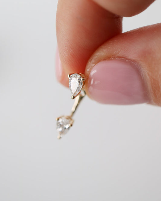 Close-up of 9kt gold pear-cut lab diamond ear jacket