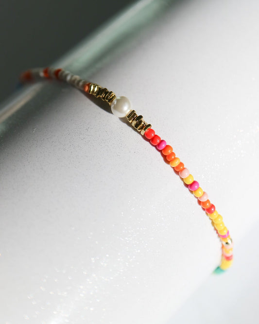 Colourful beaded and pearl bracelet finished with 14kt gold plated sterling silver