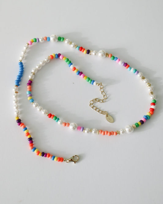 Confetti Beaded Necklace with colourful beads, pearls and 14kt gold plated S925 silver