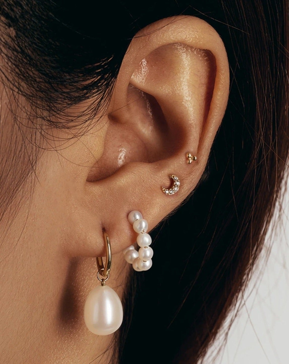 9ct gold pearl huggies and pearl hoop earring stack