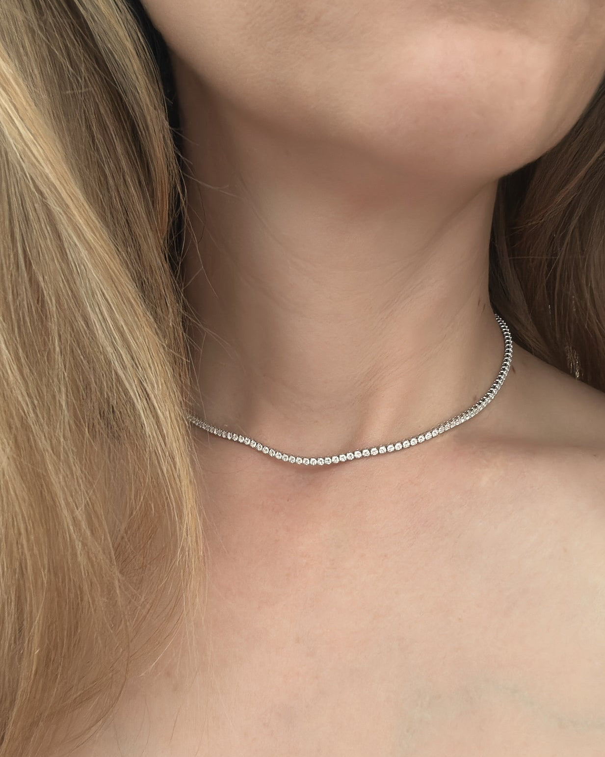  Luna Tennis Choker | S925 Sterling Silver Moissanite Necklace on female neck