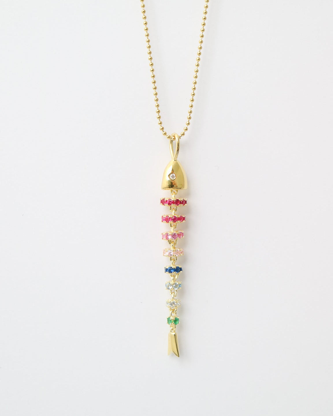 Gold necklace with colorful beads on a white background
