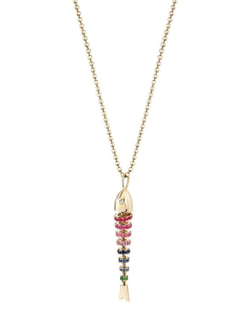 Necklace with a multicolored bead pendant on a white background
