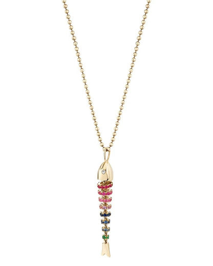 Necklace with a multicolored bead pendant on a white background