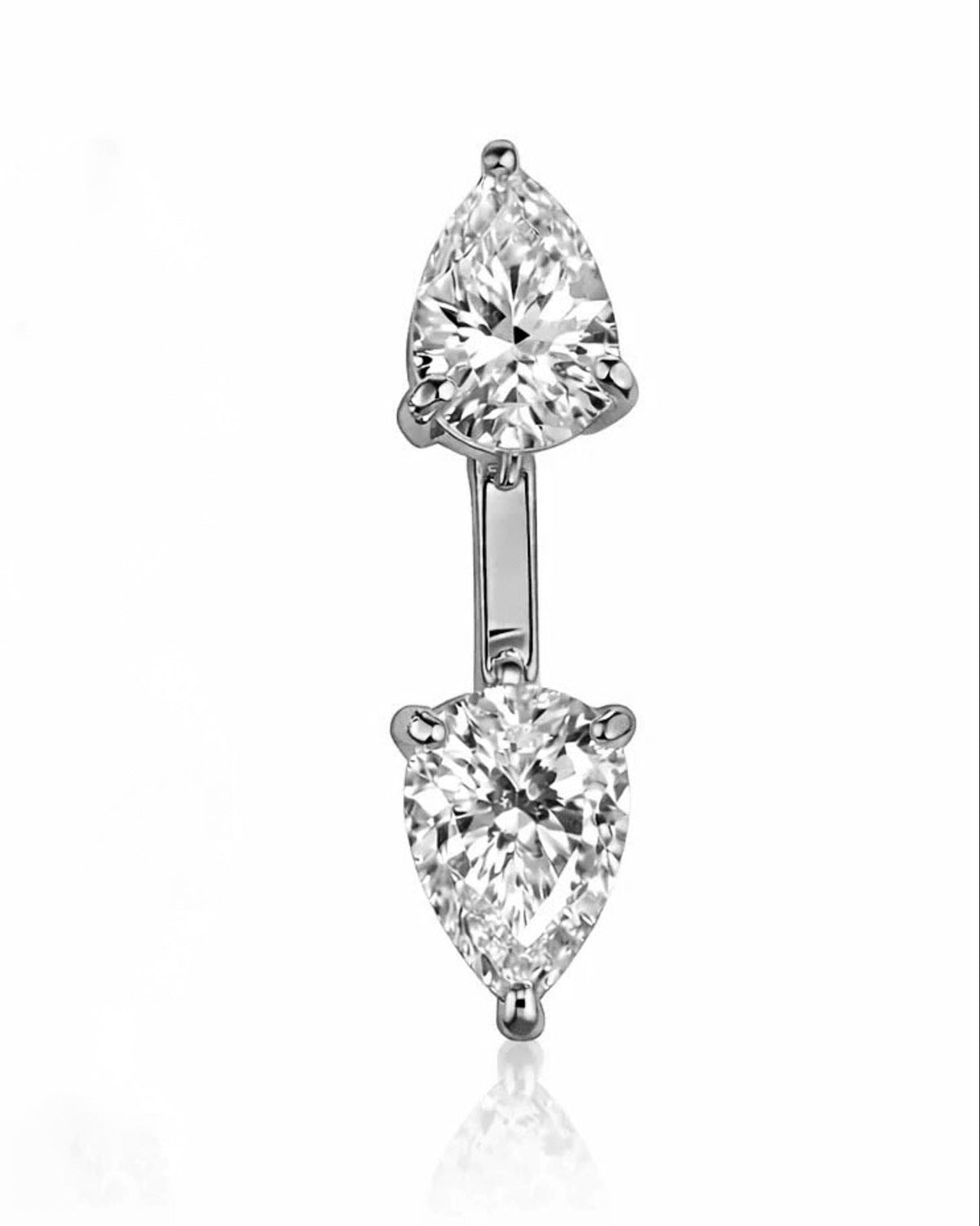 A silver-toned double diamond stud earring featuring two pear-cut clear gemstones set in a polished metal bar, shown on a white background with a soft reflection below.