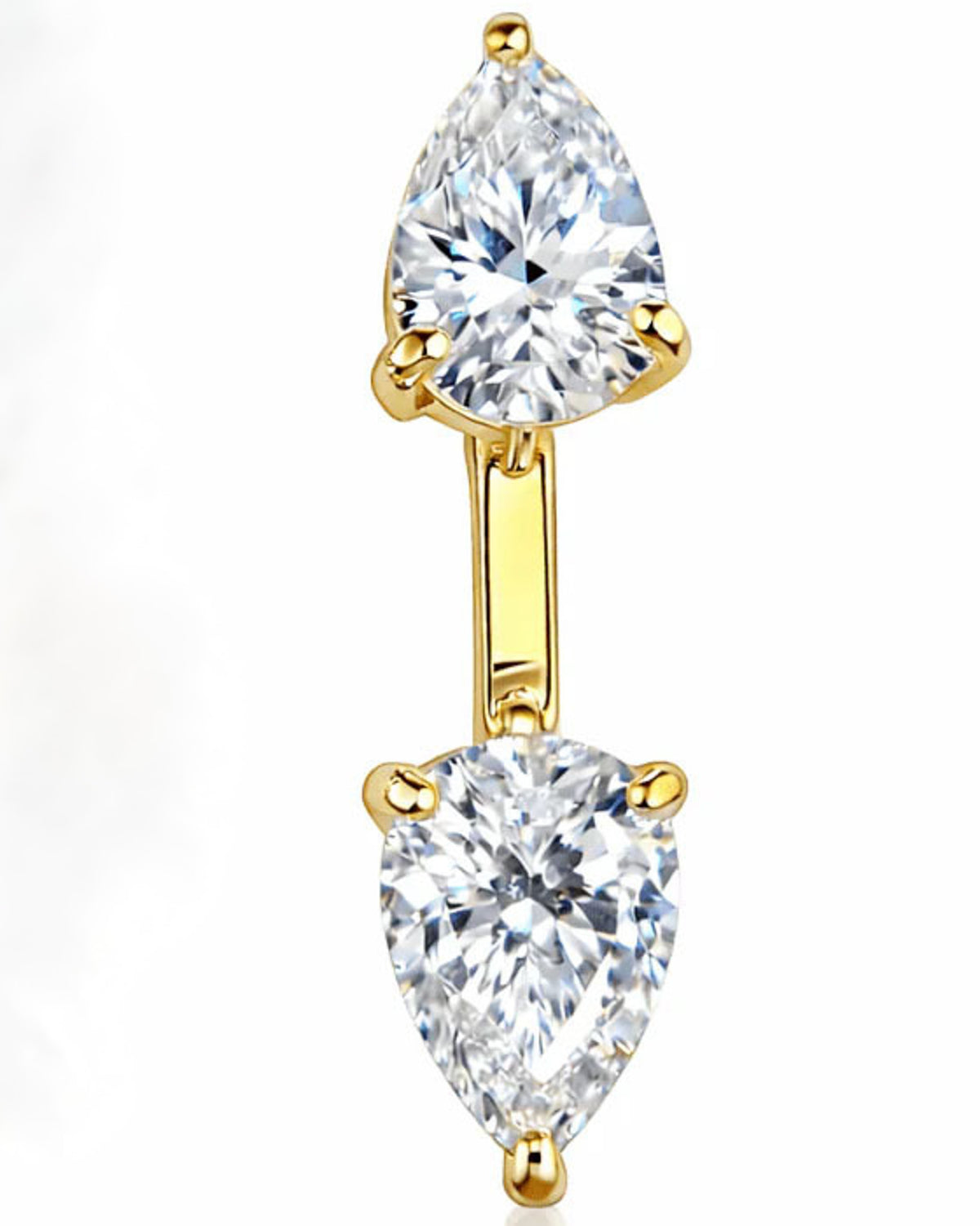 A double pear-cut diamond belly button ring in yellow gold, featuring two teardrop-shaped clear gemstones on a white background.