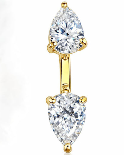 A double pear-cut diamond belly button ring in yellow gold, featuring two teardrop-shaped clear gemstones on a white background.