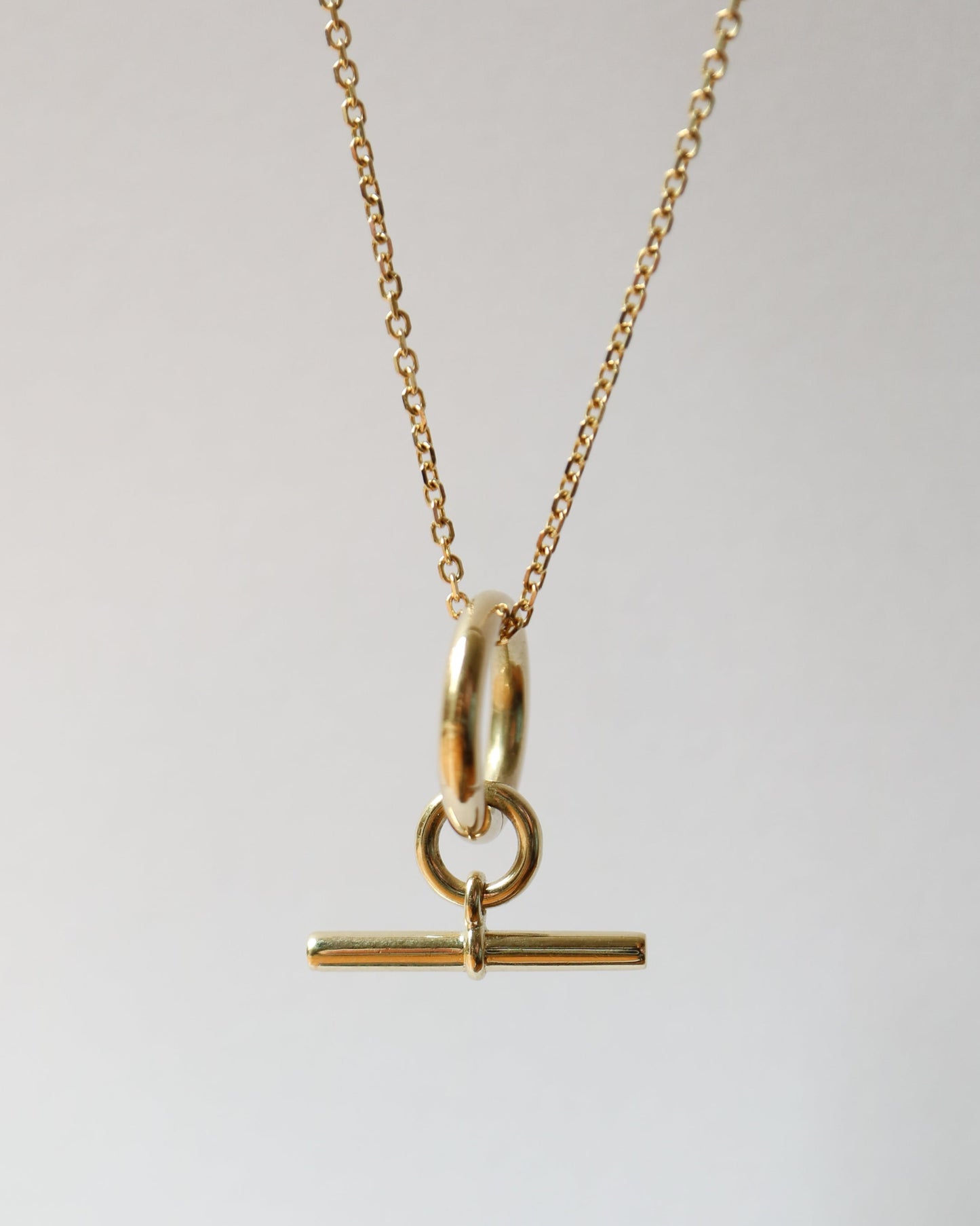Gold necklace with a T-bar pendant on a light gray background